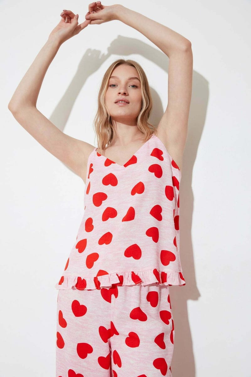 Heart Pattern Frilly Woven Night Dress - Night Dresses & Gowns 8