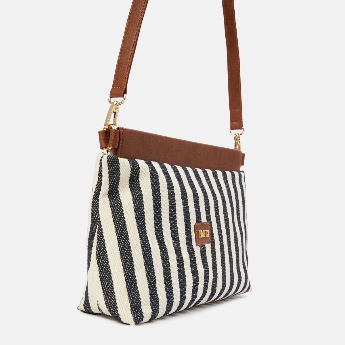 Stylish Canvas Shoulder Bag with Magnetic Closure and Stripes