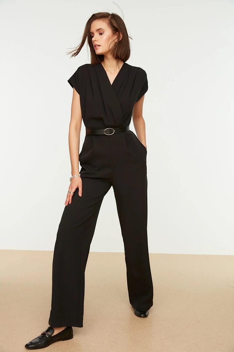 Belted Double Breasted Collar Jumpsuit - Jumpsuits