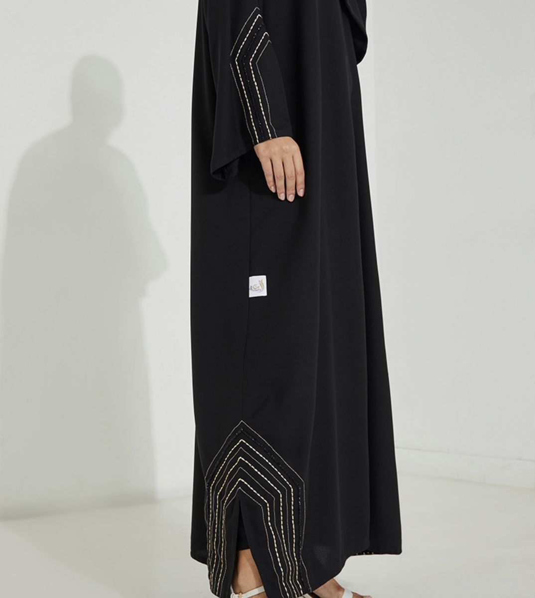 ECB Shape Abaya Open Crepe Abaya With Stitching Black And Beige Design + Hand Embroidery - Abayas 1