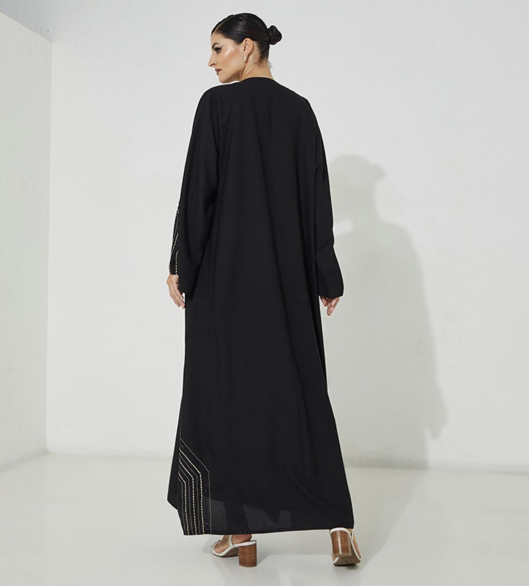 ECB Shape Abaya Open Crepe Abaya With Stitching Black And Beige Design + Hand Embroidery - Abayas 2