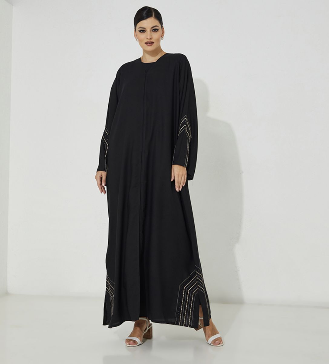 ECB Shape Abaya Open Crepe Abaya With Stitching Black And Beige Design + Hand Embroidery - Abayas 3