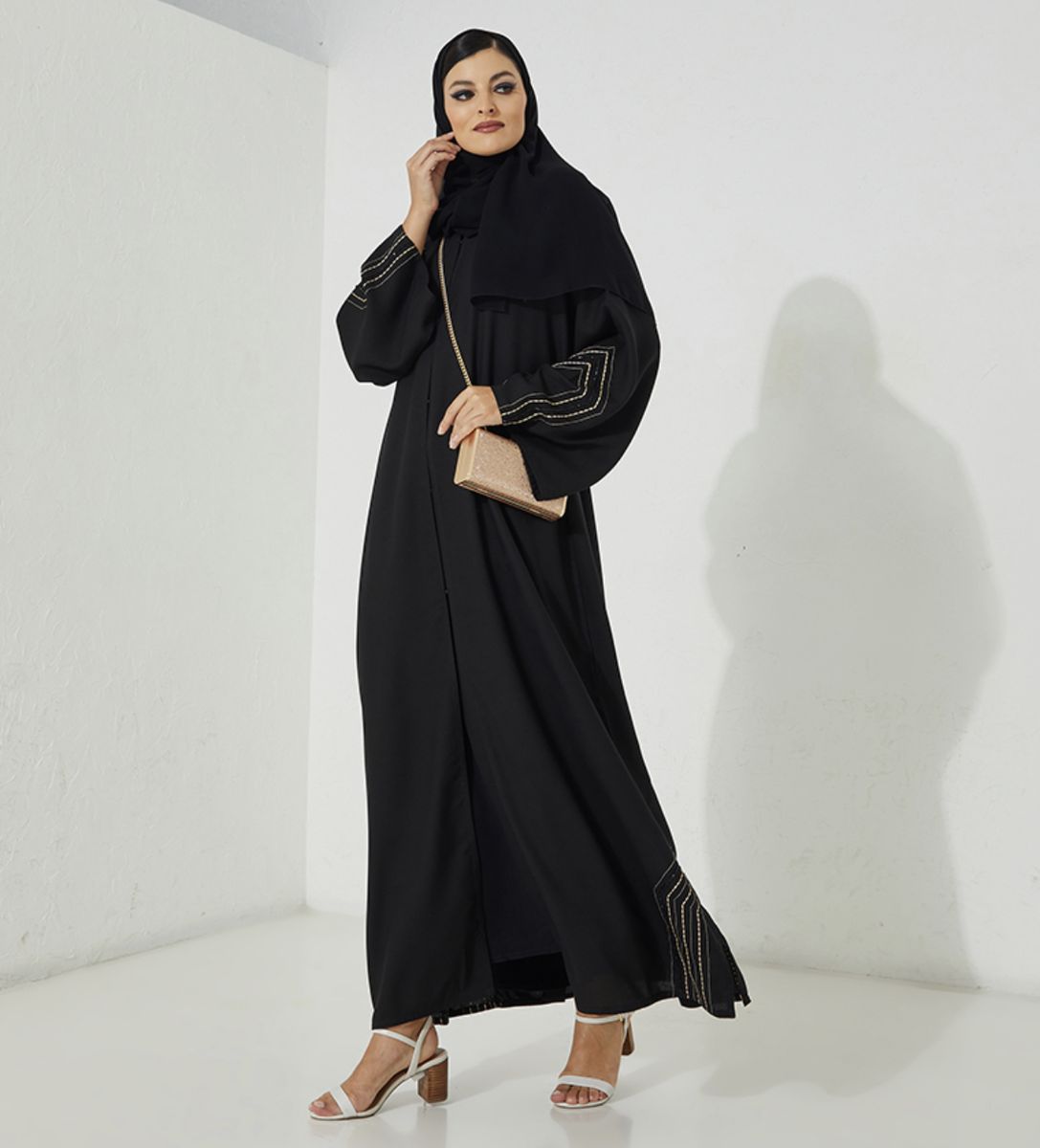 ECB Shape Abaya Open Crepe Abaya With Stitching Black And Beige Design + Hand Embroidery - Abayas