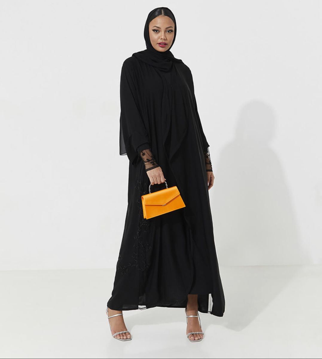 Black Net Abaya Black Net Abaya Featuring Exquisite Embroidery - Abayas 1