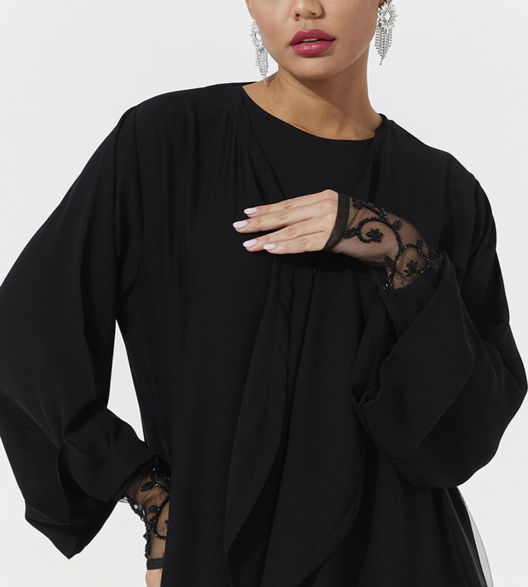 Black Net Abaya Black Net Abaya Featuring Exquisite Embroidery - Abayas 2