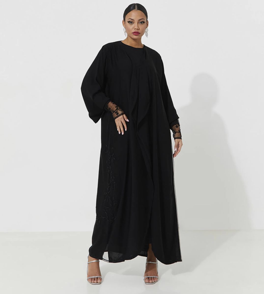 Black Net Abaya Black Net Abaya Featuring Exquisite Embroidery - Abayas