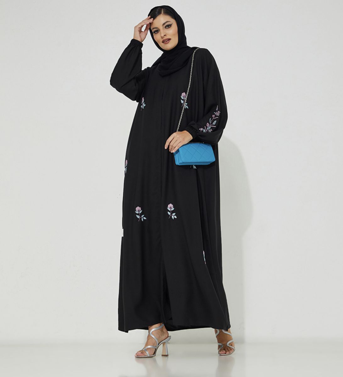 Black P- Pink Abaya Rosette Abaya - Women's Abayas