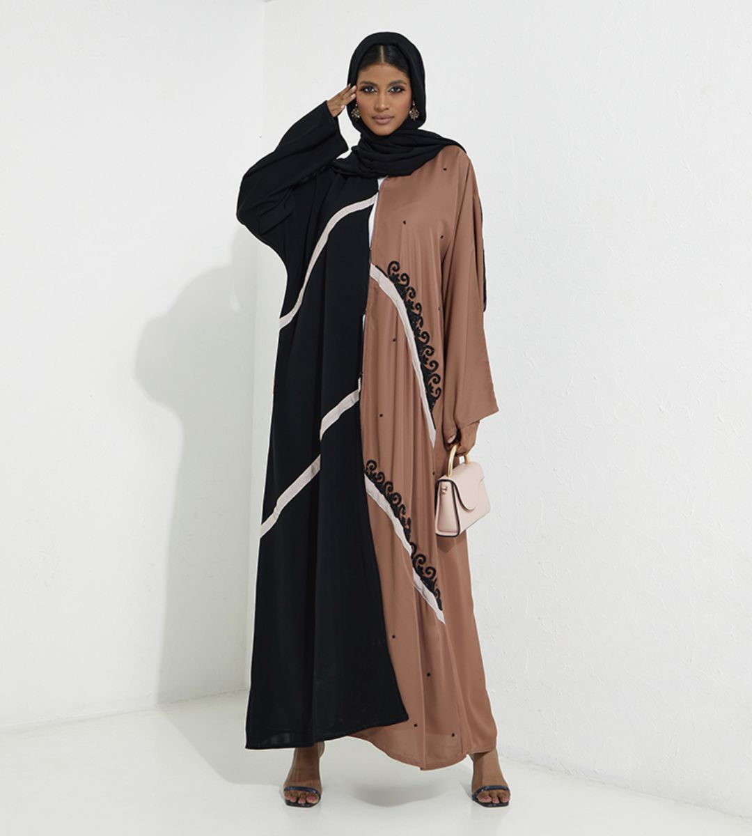 Brown-EP Abaya Abaya With Brown Side And Embroidery Design - Abayas 1