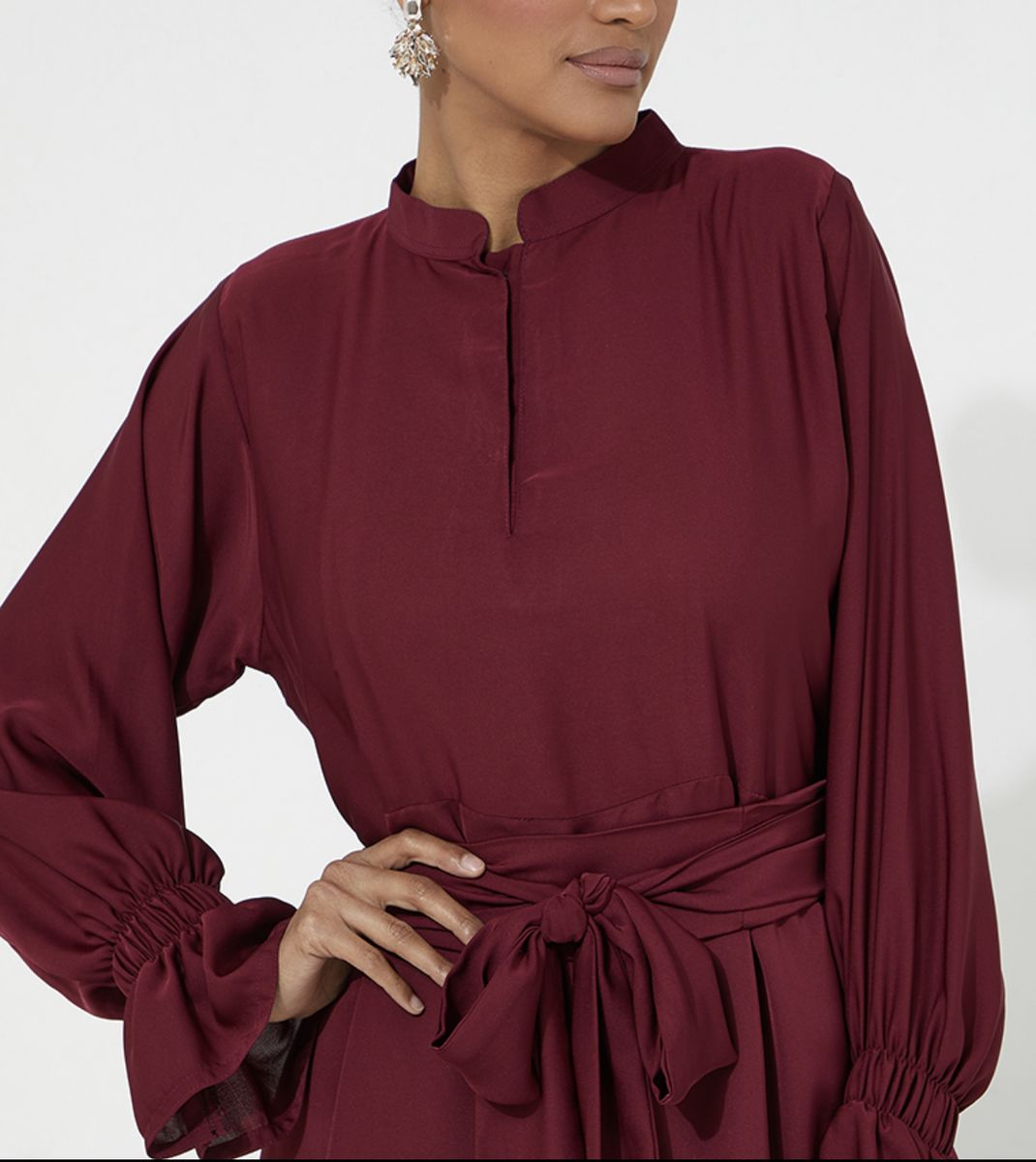 Elegant Maroon Dress Abaya - Organza Embroidery & Gold Stones - Red Rose - Abayas 3