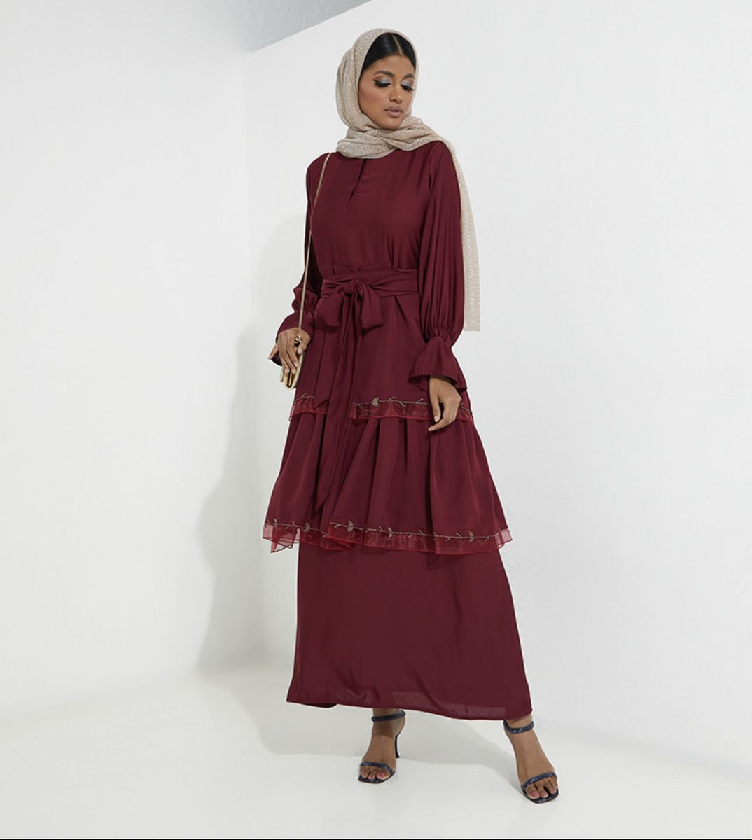 Elegant Maroon Dress Abaya - Organza Embroidery & Gold Stones - Red Rose - Abayas