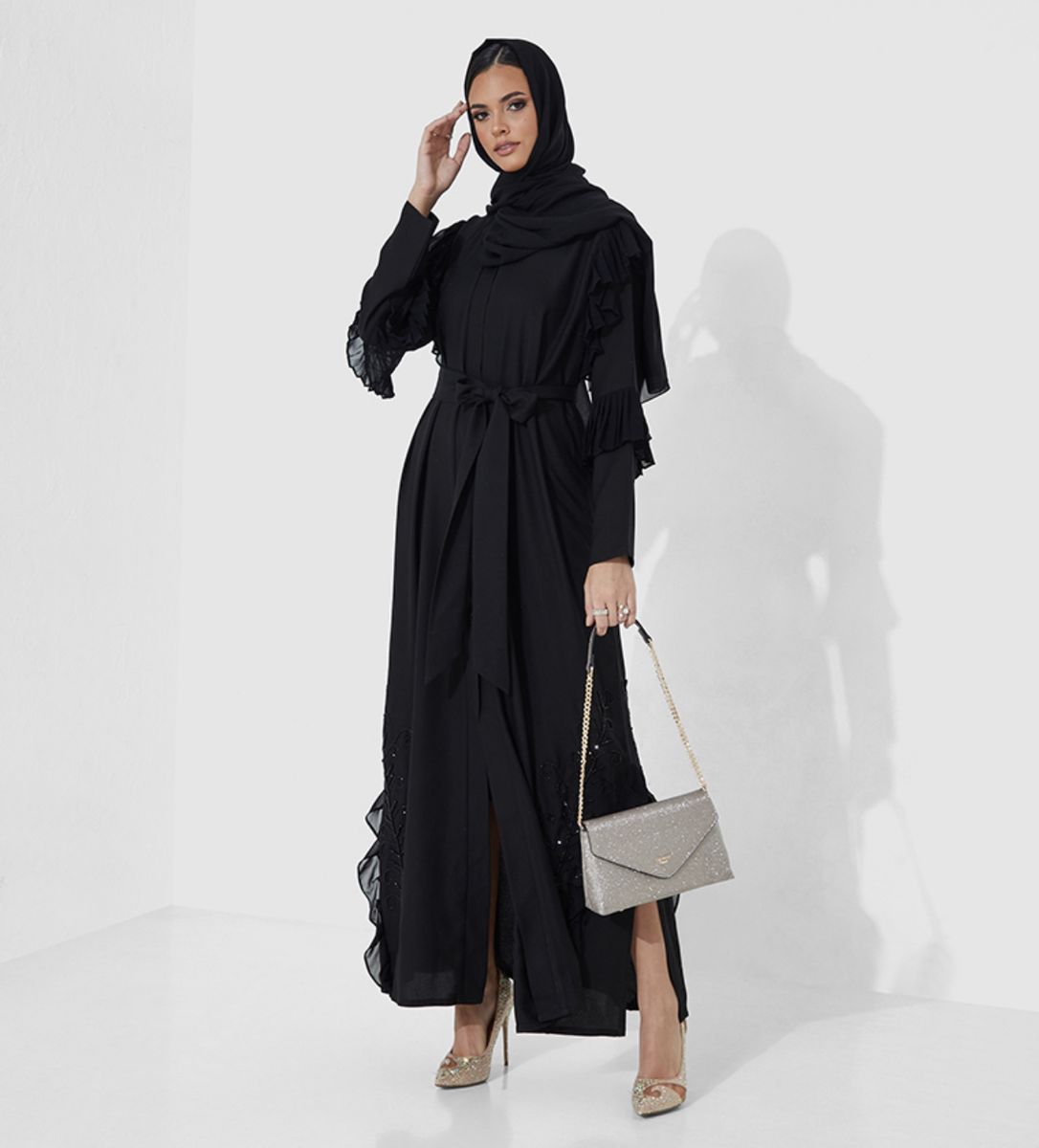 Crep Open side Abaya Rosette Abaya - Women's Abayas 1