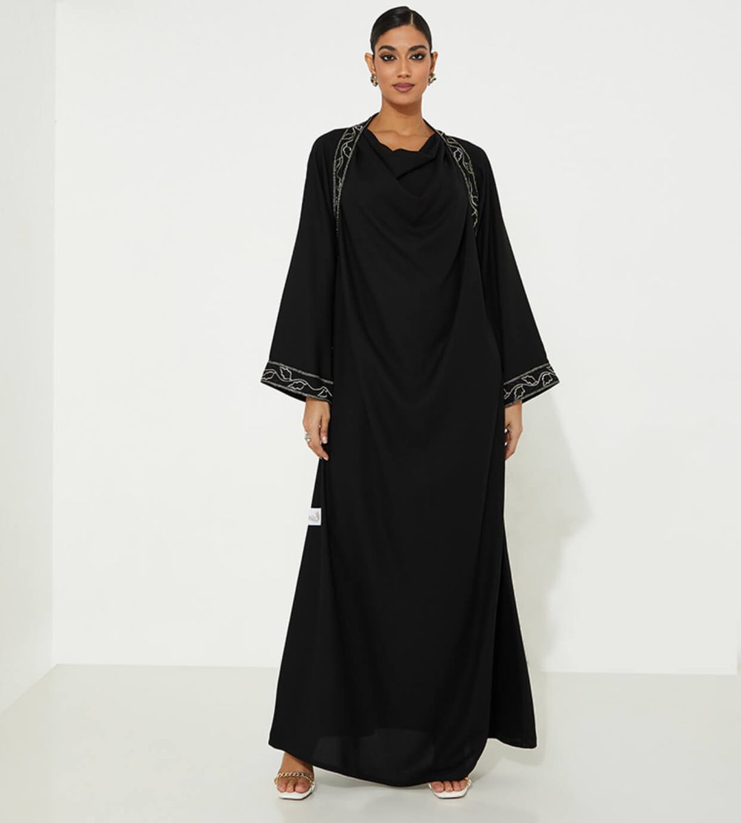Shoulder Black Abaya Rosette Abaya - Women's Abayas