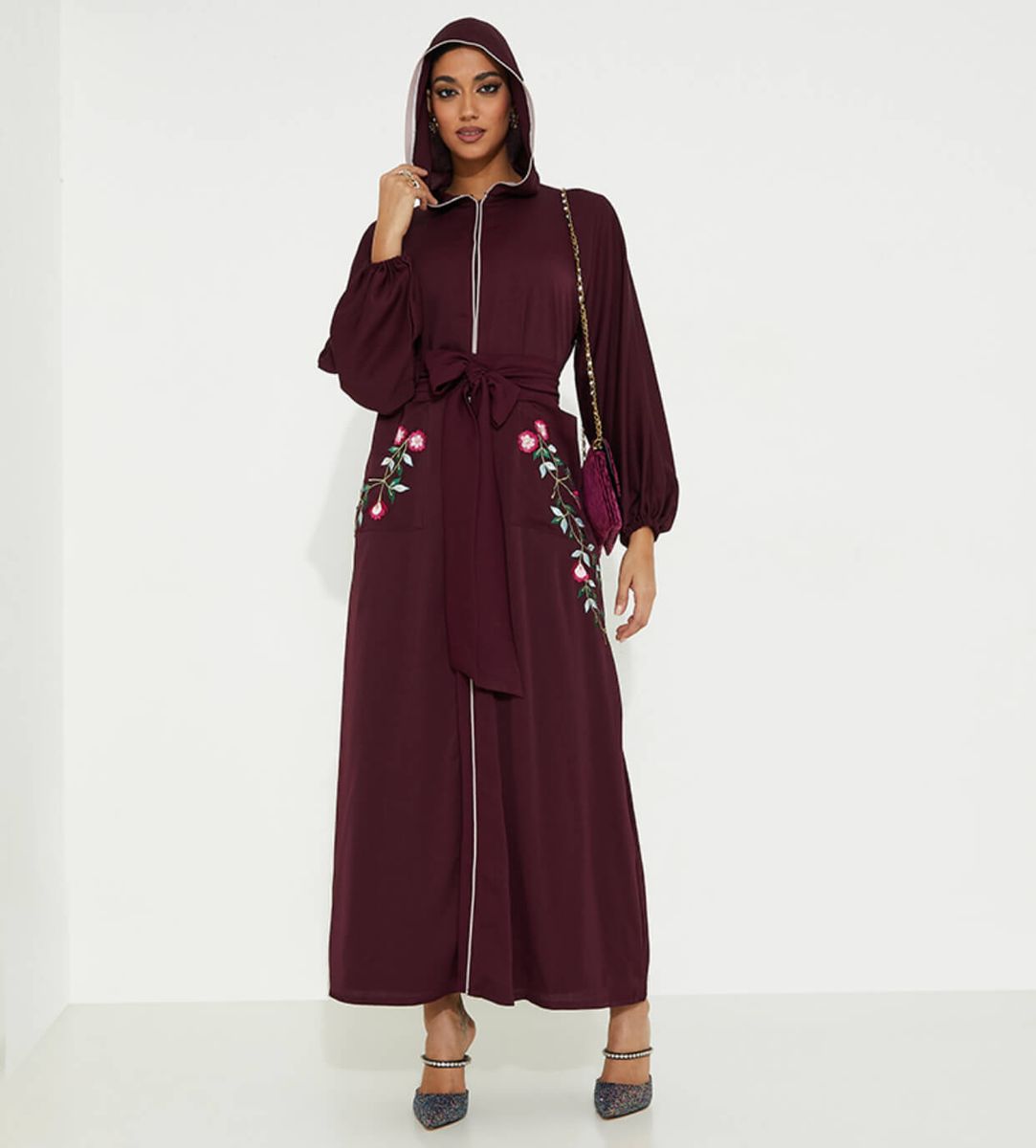 Maroon Morocco Abaya Rosette Abaya - Women's Abayas