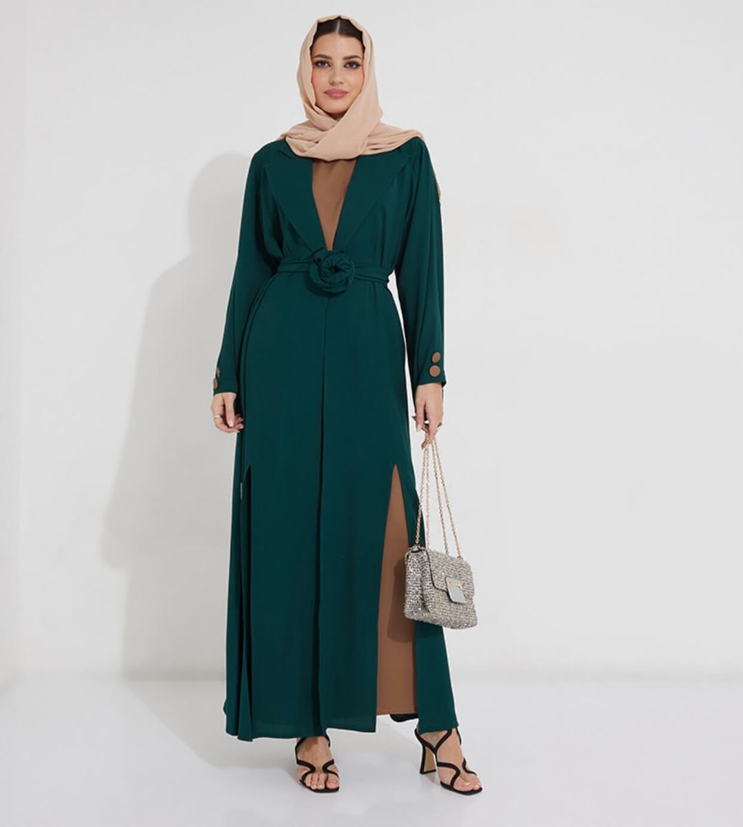 Creen V Neck Baya Rosette Abaya - Women's Abayas 3