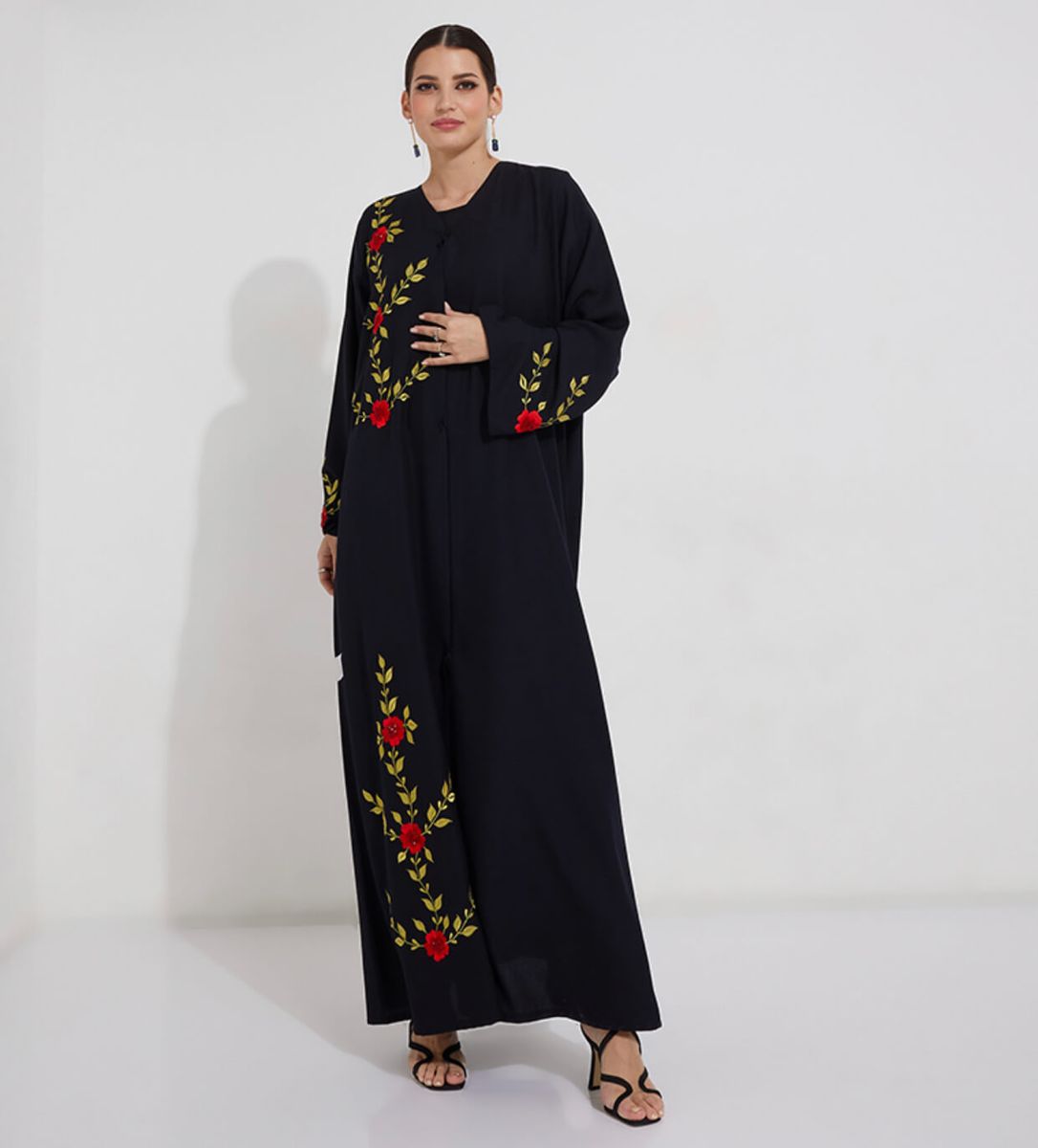 Navy Red Stones Abaya Rosette Abaya - Women's Abayas