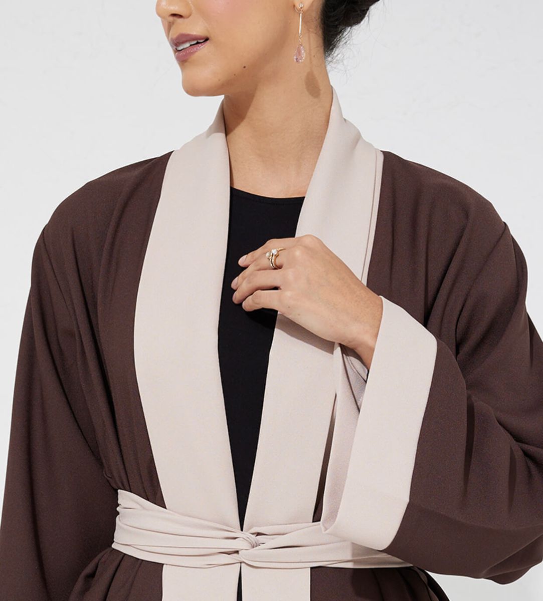 Brown 26 Simple Open Abaya With Beige Design +Belt - Abayas 2