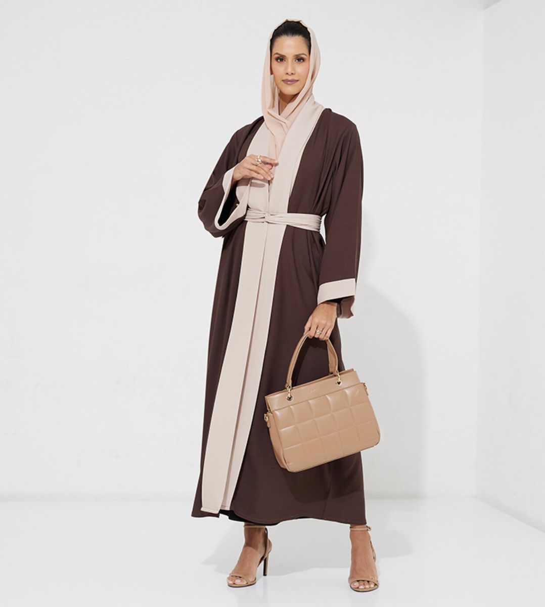 Brown 26 Simple Open Abaya With Beige Design +Belt - Abayas 3