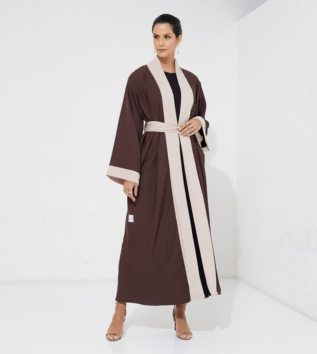 Brown 26 Simple Open Abaya With Beige Design +Belt - Abayas