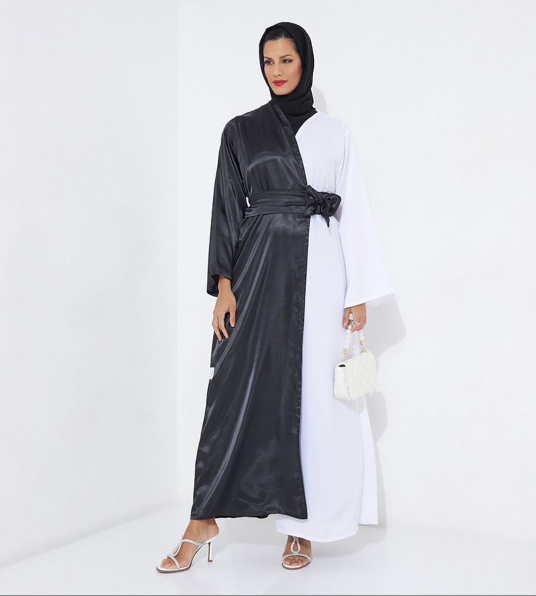 Elegant Half Black & Half White Abaya With Belt - Abayas 3
