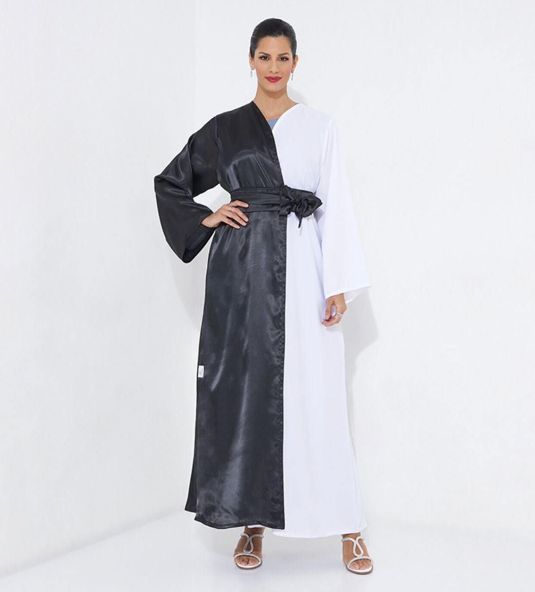 Elegant Half Black & Half White Abaya With Belt - Abayas