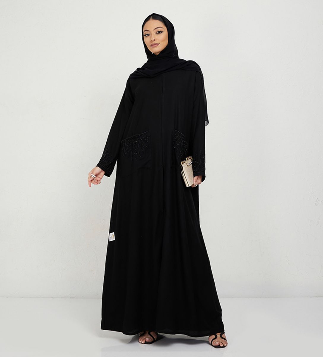 Black Abaya 78P - Hand Embroidered Stones On Pocket - Abayas 4