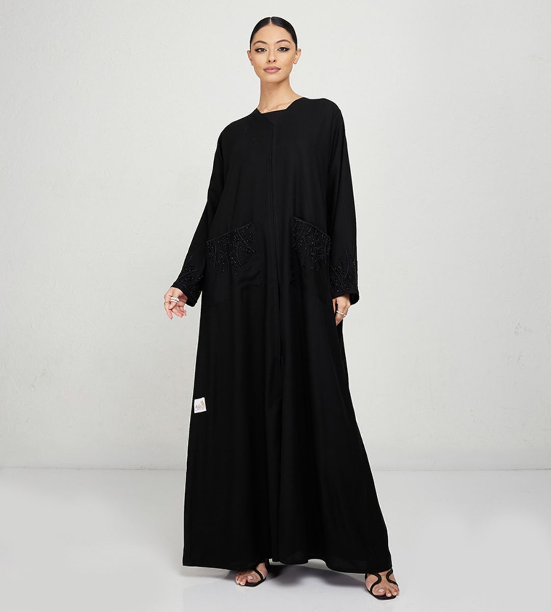 Black Abaya 78P - Hand Embroidered Stones On Pocket - Abayas