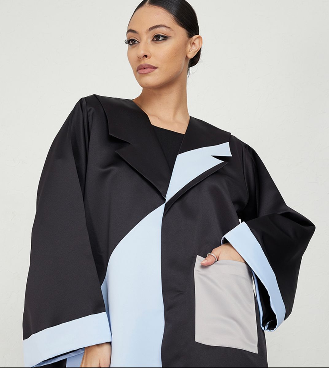 Black Abaya With Blue Cut Design & Grey Pocket - Abayas 1