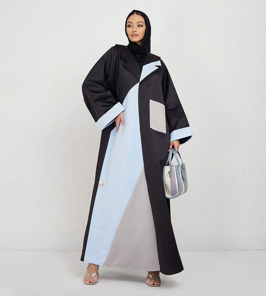 Black Abaya With Blue Cut Design & Grey Pocket - Abayas