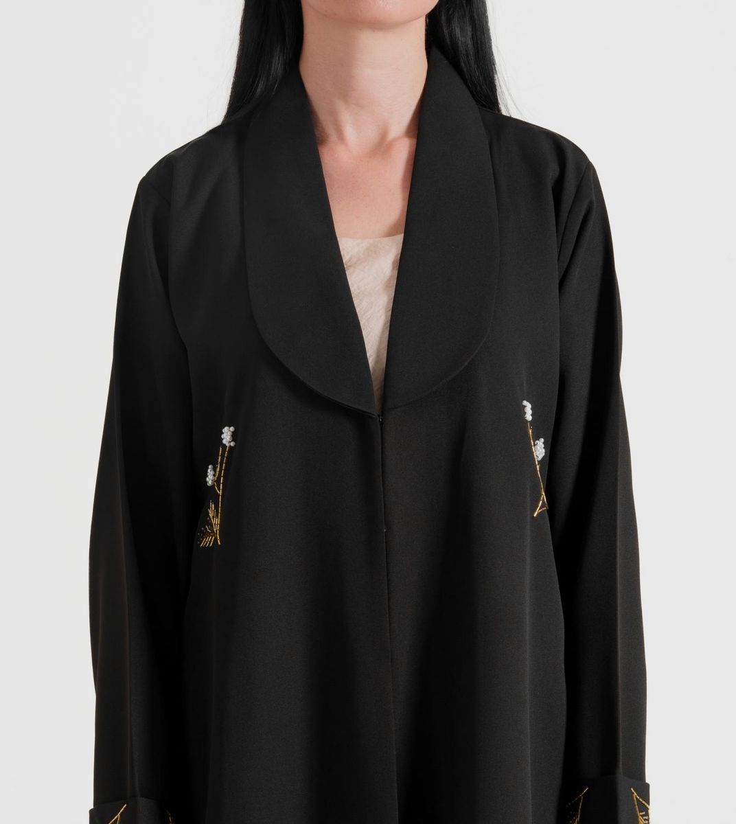 Gold Denim Abaya - Hand Embroidered With Gold Pearl Flower Designs - Abayas 1