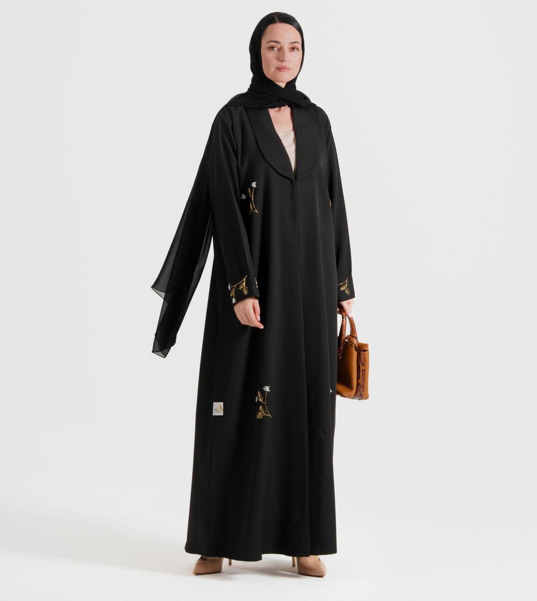 Gold Denim Abaya - Hand Embroidered With Gold Pearl Flower Designs - Abayas 3