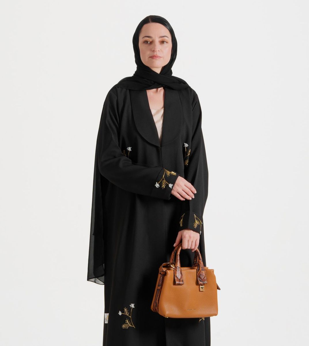 Gold Denim Abaya - Hand Embroidered With Gold Pearl Flower Designs - Abayas 4