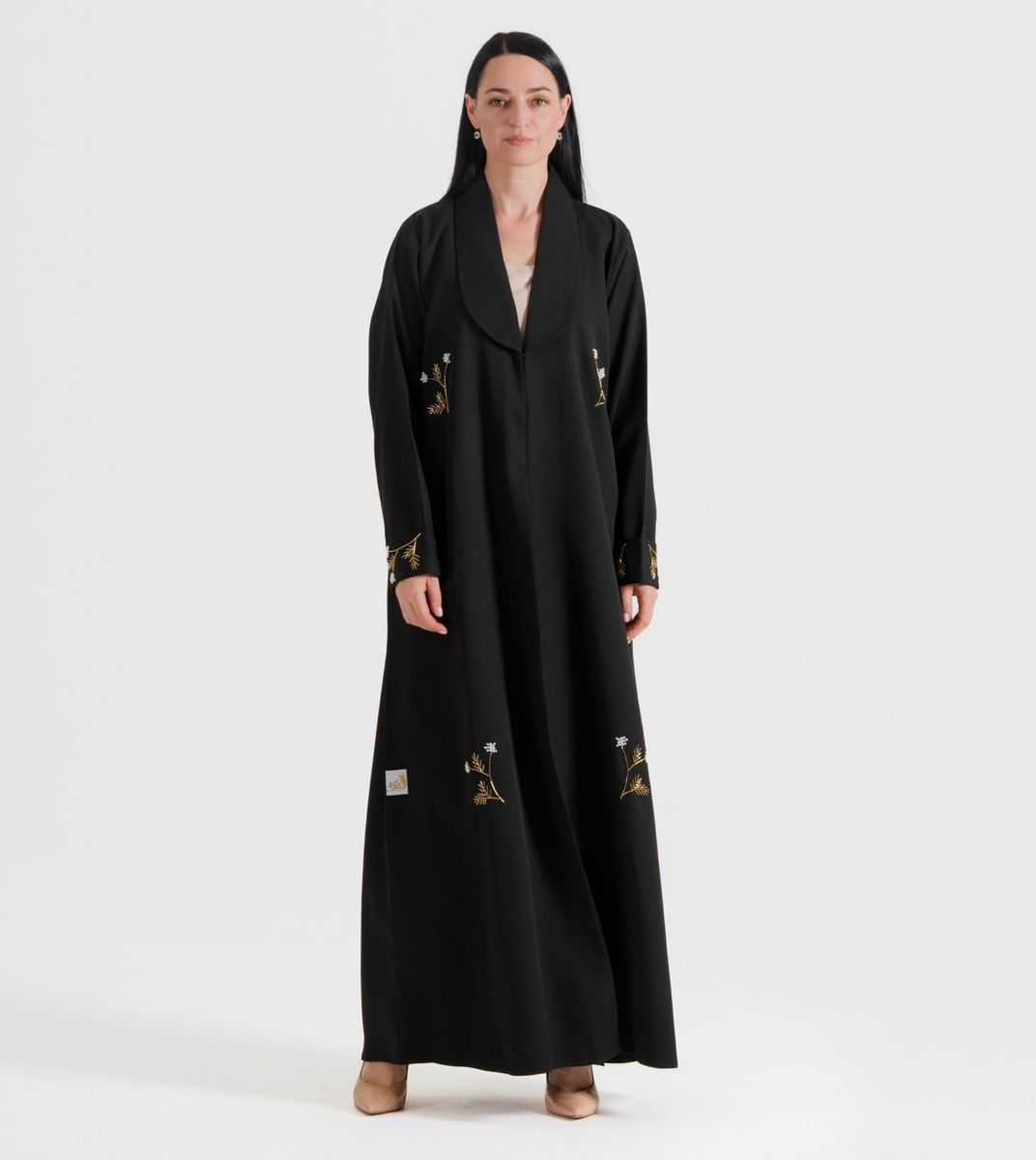 Gold Denim Abaya - Hand Embroidered With Gold Pearl Flower Designs - Abayas