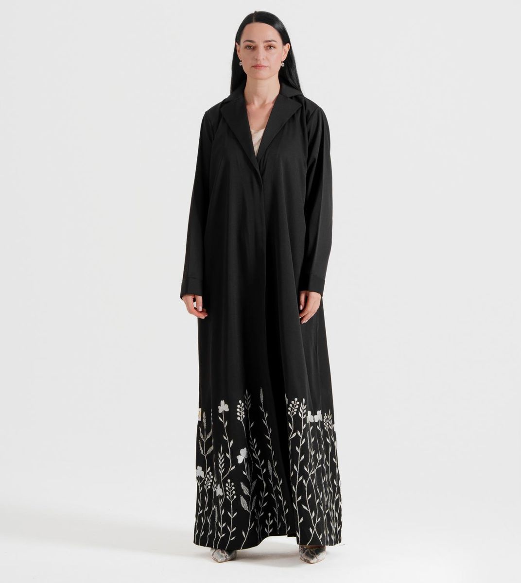 Gs Flowers Abaya With Neck Design Embroidery White Flowers Designs - Abayas 6