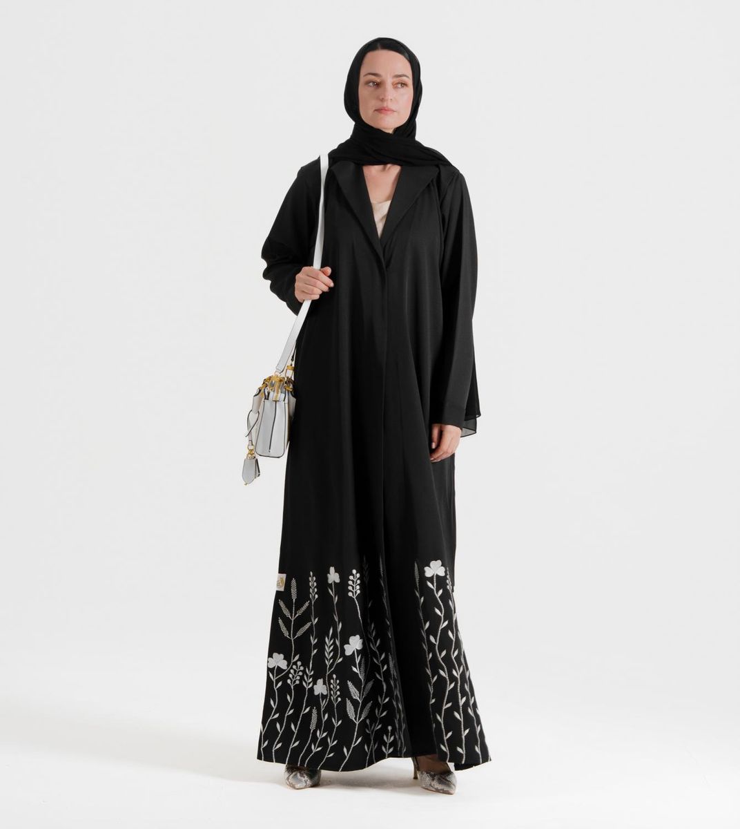 Gs Flowers Abaya With Neck Design Embroidery White Flowers Designs - Abayas 9