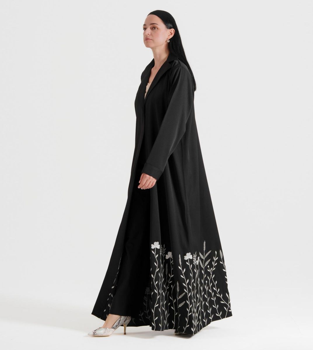 Gs Flowers Abaya With Neck Design Embroidery White Flowers Designs - Abayas 10