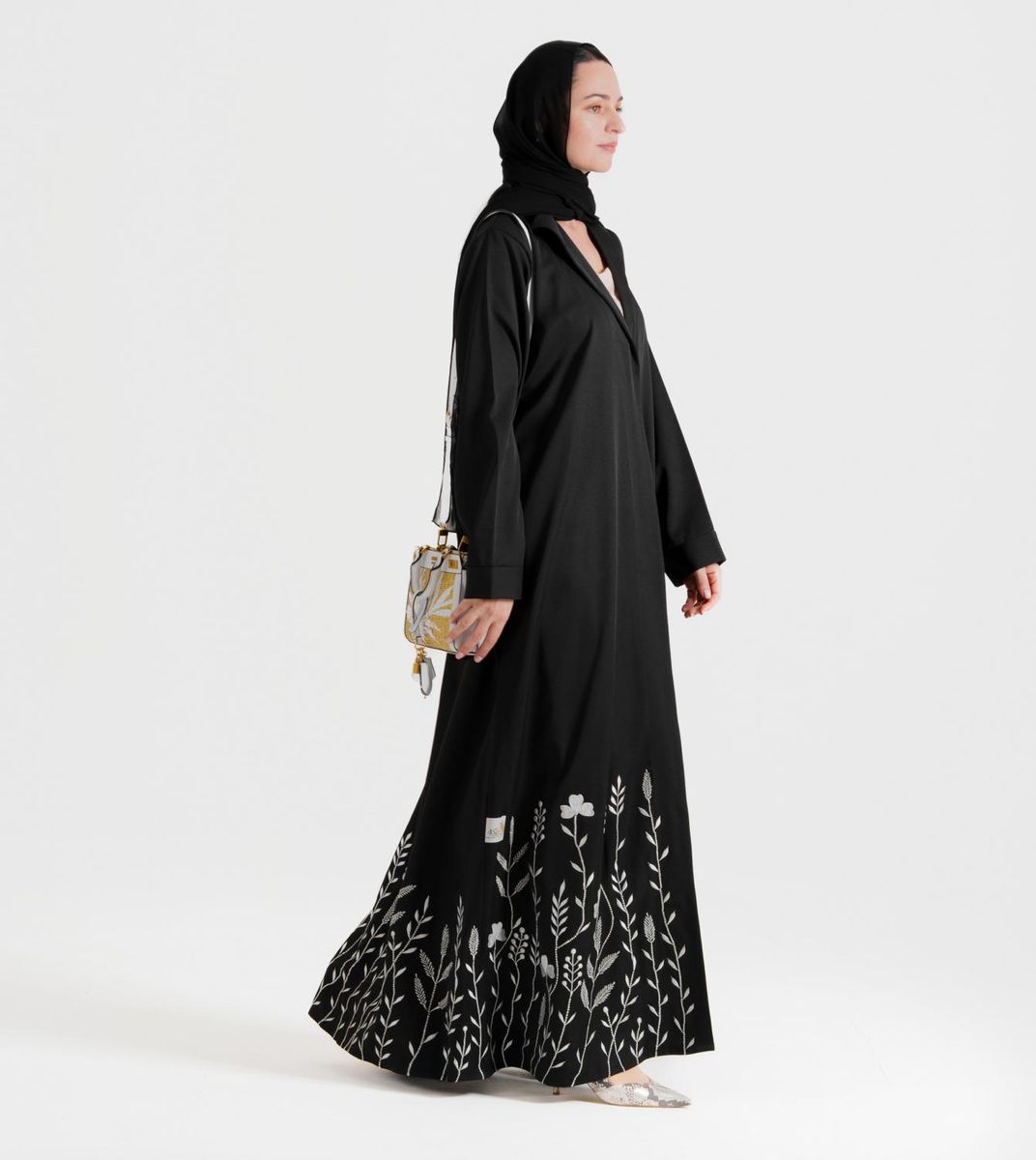Gs Flowers Abaya With Neck Design Embroidery White Flowers Designs - Abayas 11