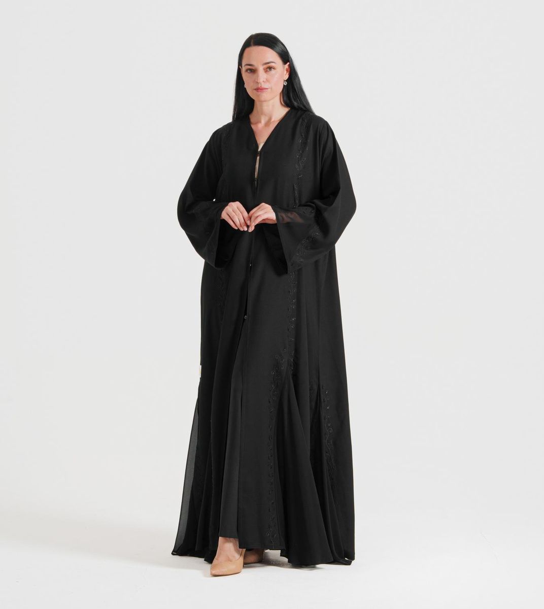 Black C-Round Abaya Rosette Abaya - Women's Abayas