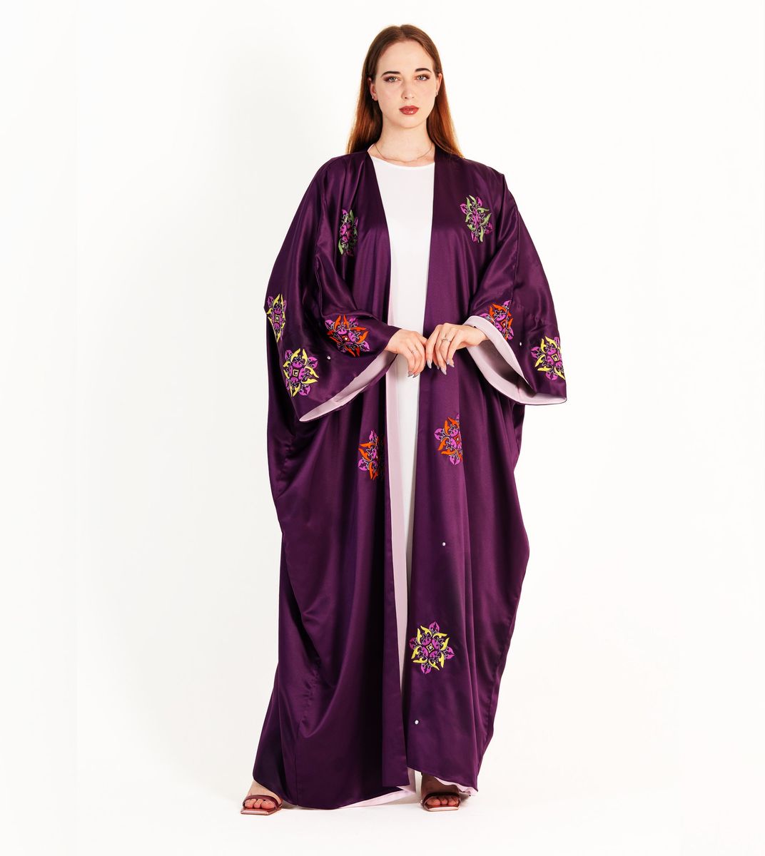 Abaya Bisht with Mix Colors Embroidery Design with double fabric Rosette Abaya - Women's Abayas