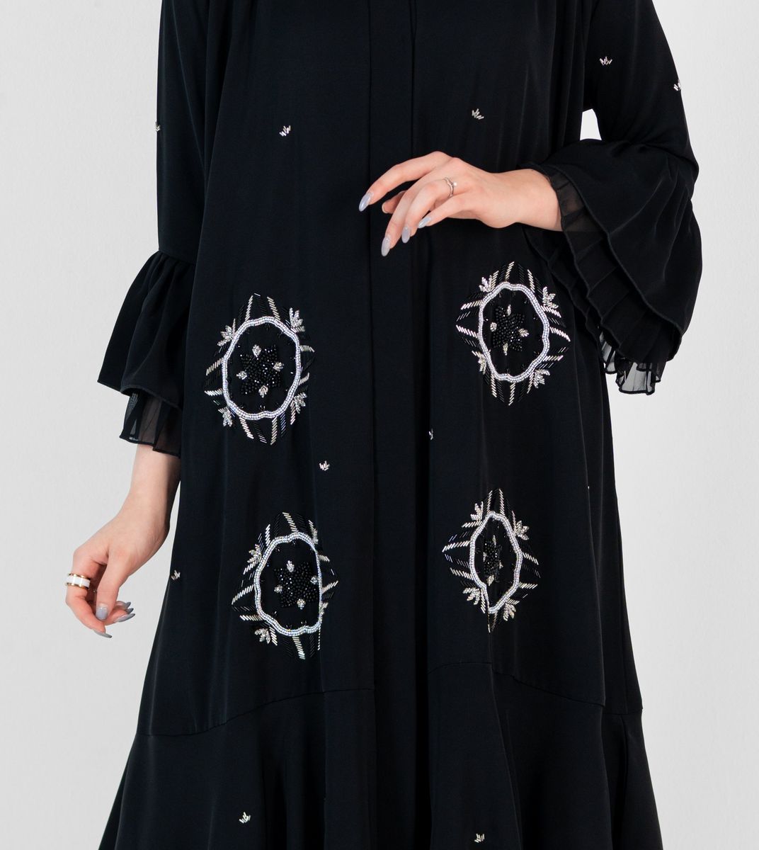 Abaya with silver embroidery design and chiffon Style - Black Rosette Abaya - Women's Abayas 1