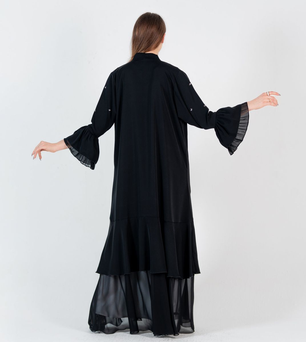 Abaya with silver embroidery design and chiffon Style - Black Rosette Abaya - Women's Abayas 2