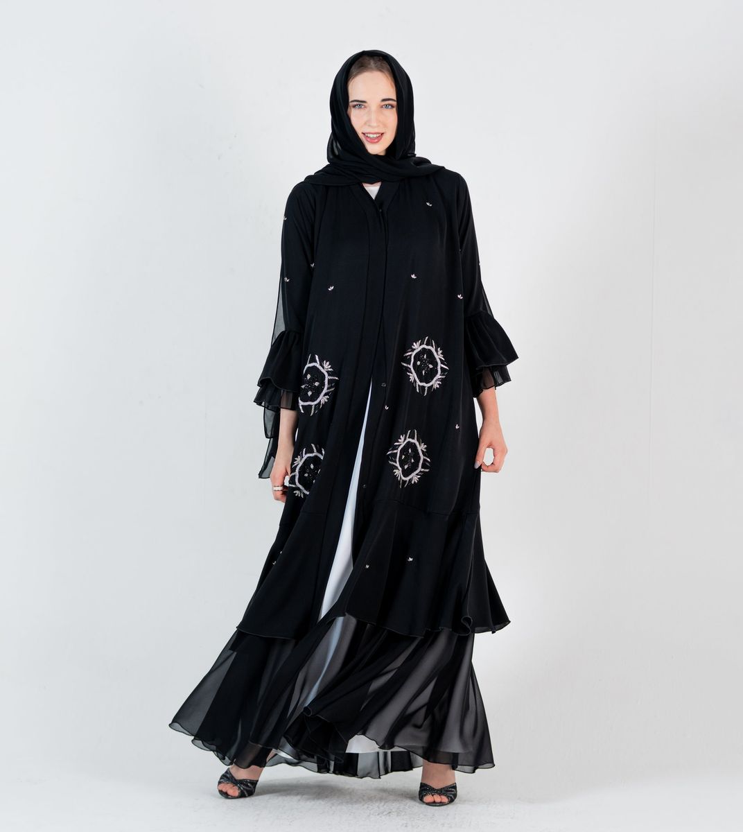 Abaya with silver embroidery design and chiffon Style - Black Rosette Abaya - Women's Abayas 3