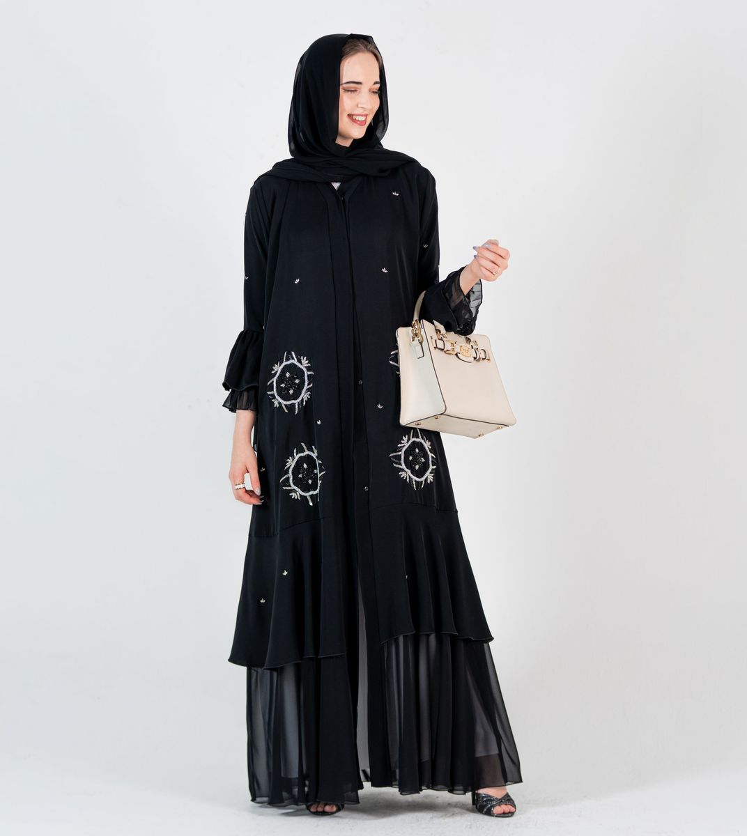 Abaya with silver embroidery design and chiffon Style - Black Rosette Abaya - Women's Abayas 4