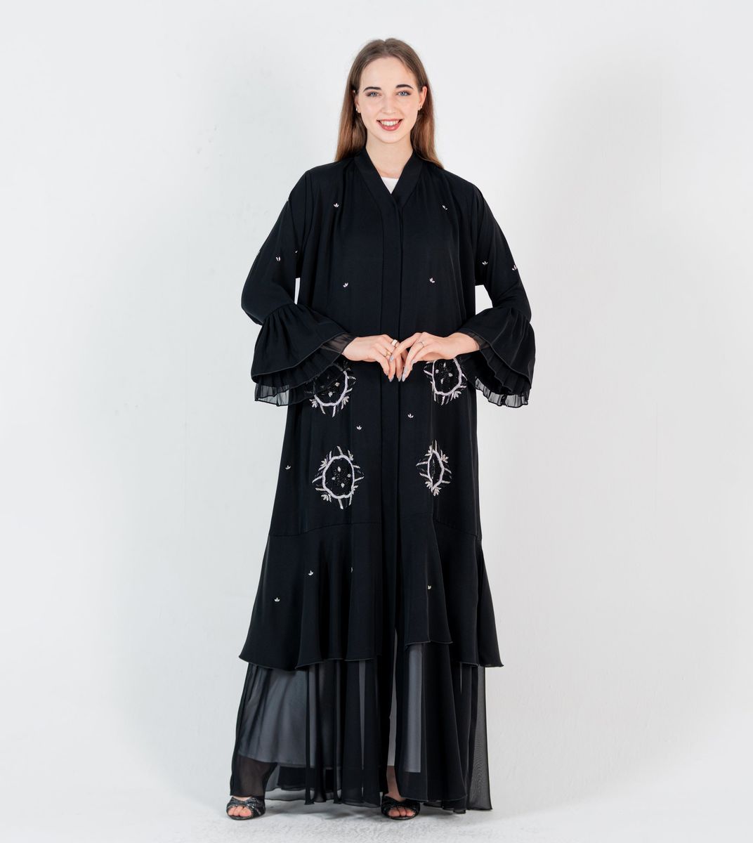 Abaya with silver embroidery design and chiffon Style - Black Rosette Abaya - Women's Abayas