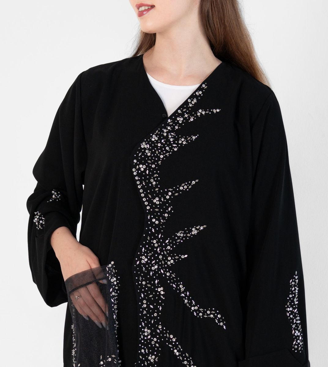 Abaya with wave style and silver hand embroidery + pocket Net Embroidery - Black Rosette Abaya - Women's Abayas 1