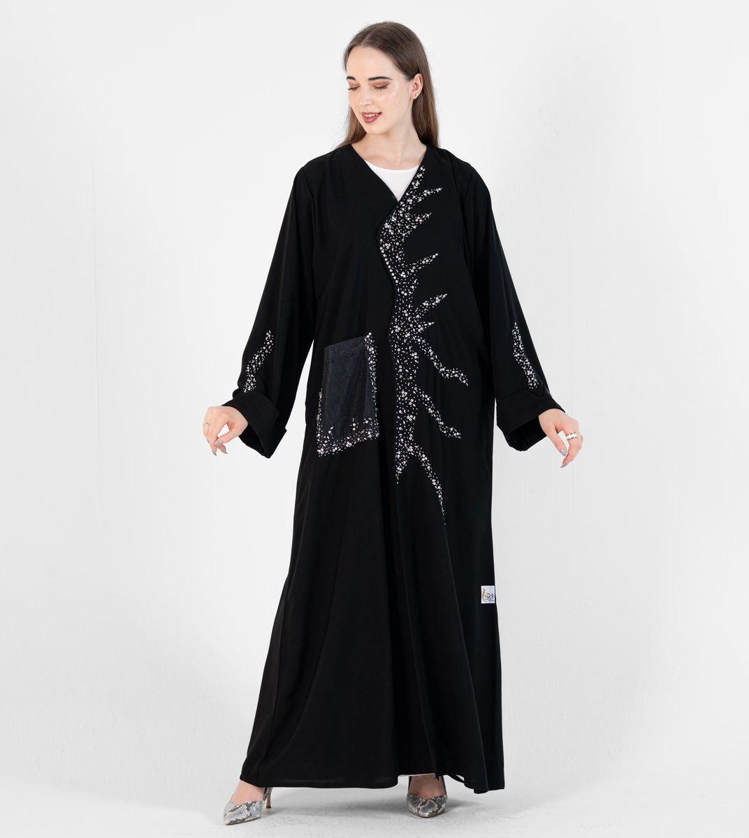 Abaya with wave style and silver hand embroidery + pocket Net Embroidery - Black Rosette Abaya - Women's Abayas 2