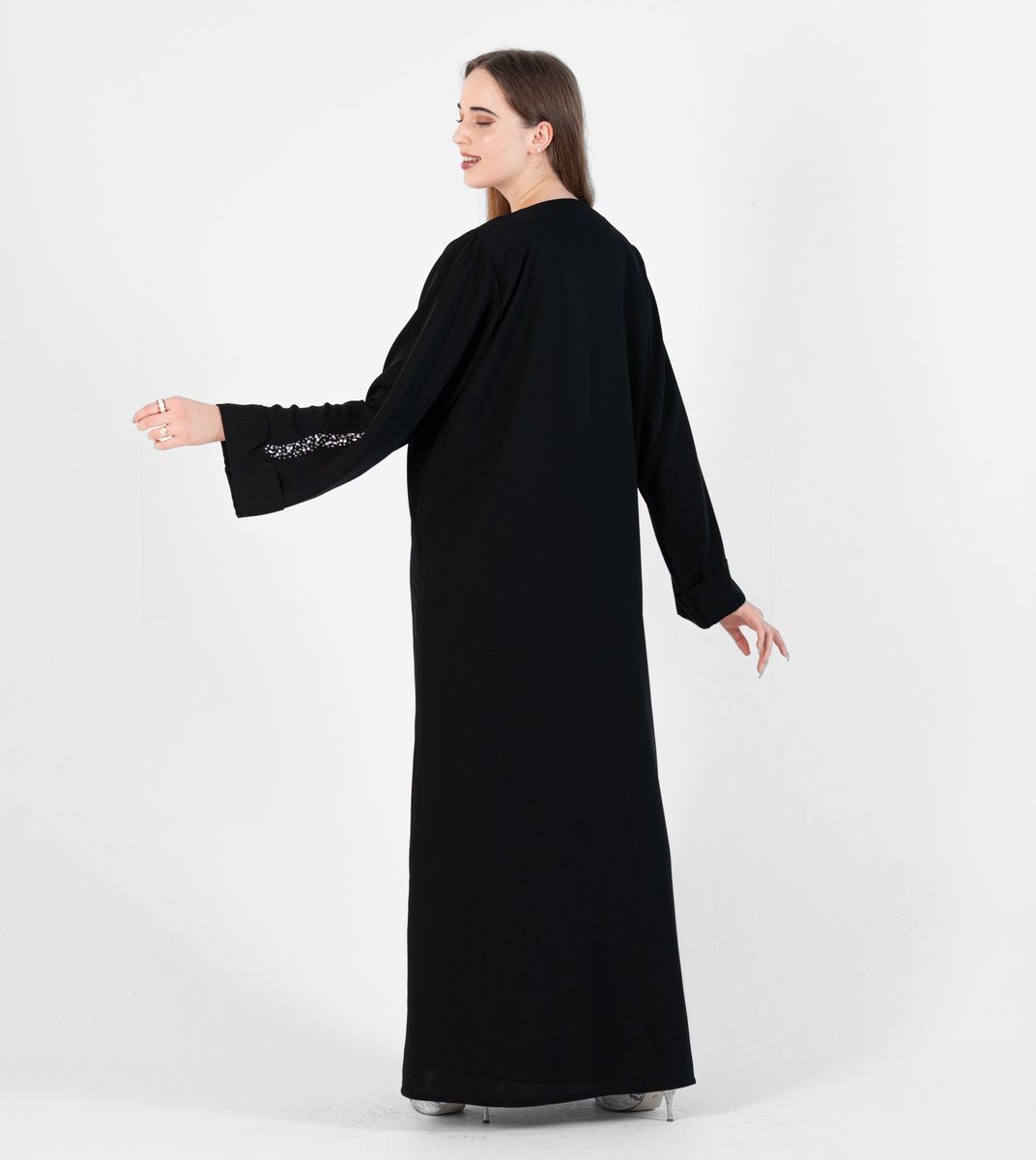 Abaya with wave style and silver hand embroidery + pocket Net Embroidery - Black Rosette Abaya - Women's Abayas 3