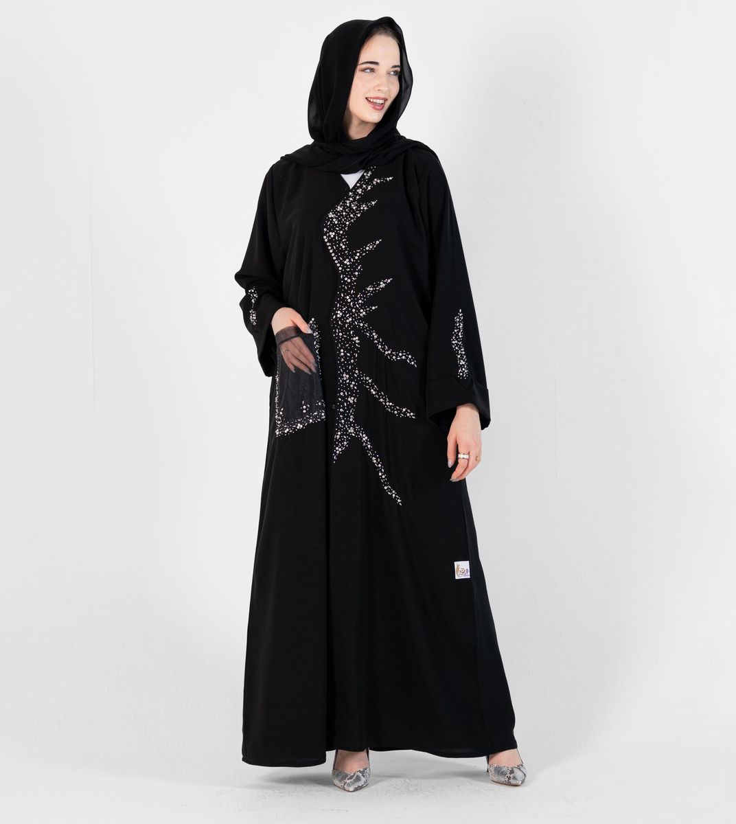 Abaya with wave style and silver hand embroidery + pocket Net Embroidery - Black Rosette Abaya - Women's Abayas 4