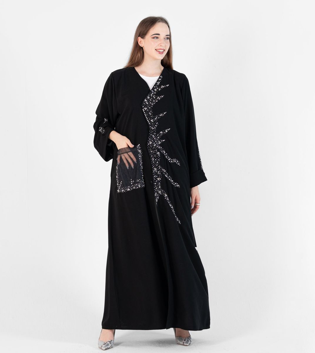 Abaya with wave style and silver hand embroidery + pocket Net Embroidery - Black Rosette Abaya - Women's Abayas
