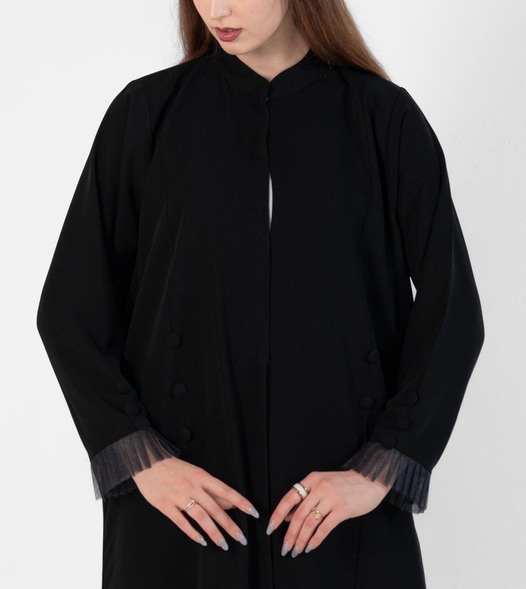 Abaya with Button style and pleated design on sleeves - Black Rosette Abaya - Women's Abayas 1