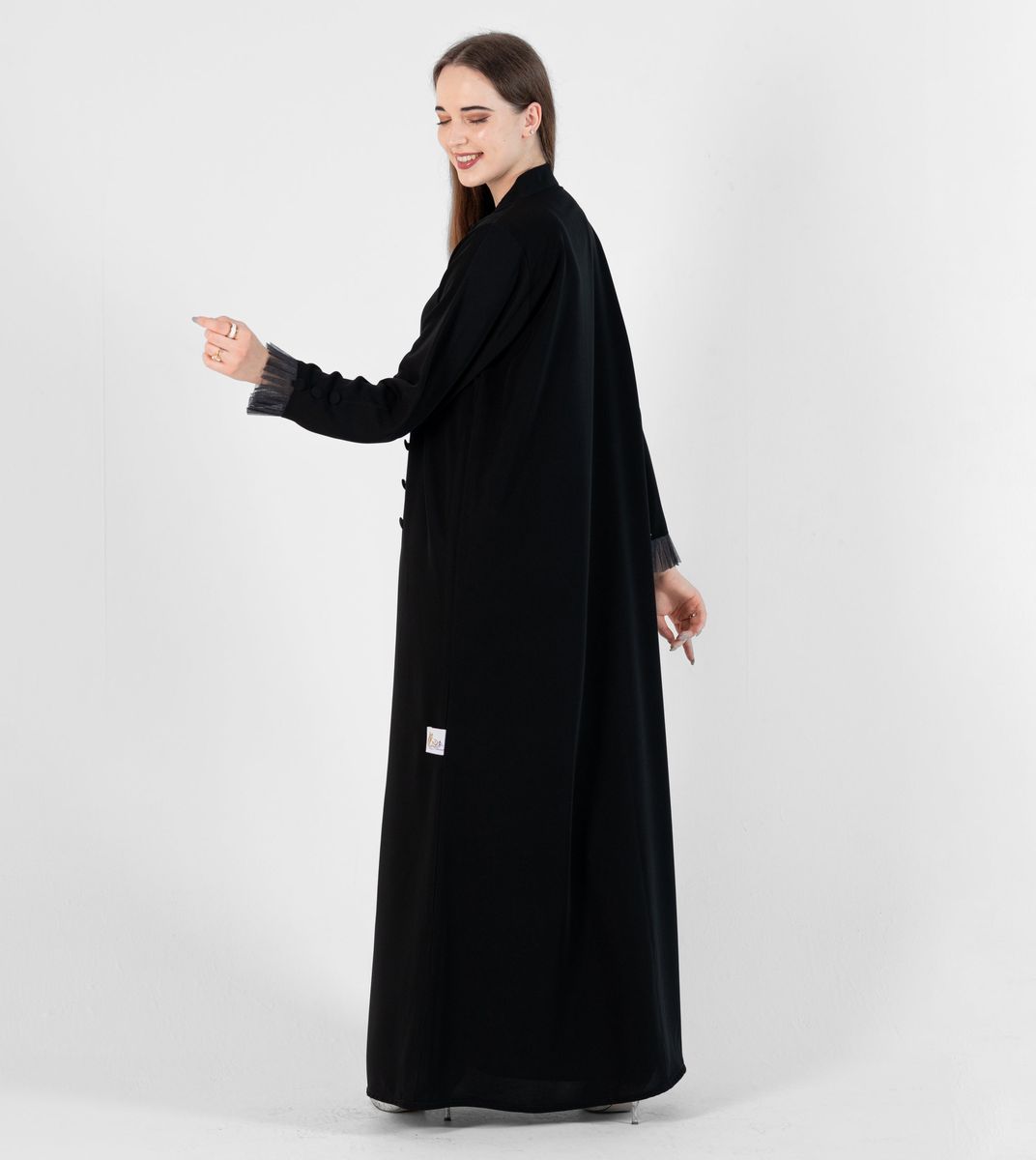 Abaya with Button style and pleated design on sleeves - Black Rosette Abaya - Women's Abayas 2
